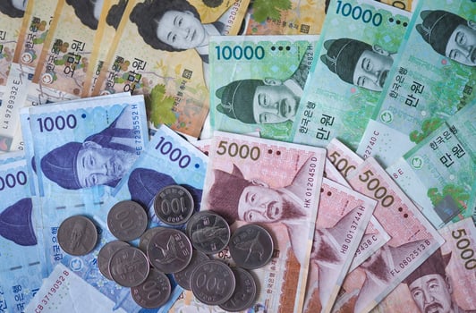 Korean won notes and Korean won coins for money concept background photo