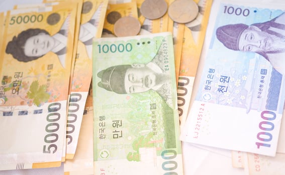 Korean won notes and Korean won coins for money concept background photo