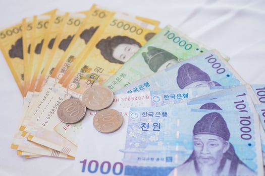 Korean won notes and Korean won coins for money concept background photo