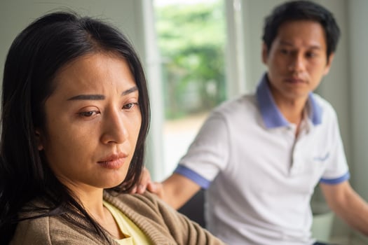 The woman felt depressed, upset and sad after fighting with her husband's bad behavior. Unhappy young wife bored with problems after marriage. photo