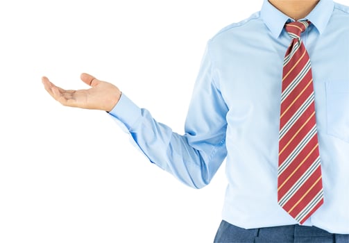 Male wearing blue shirt reaching hand out with clipping path photo