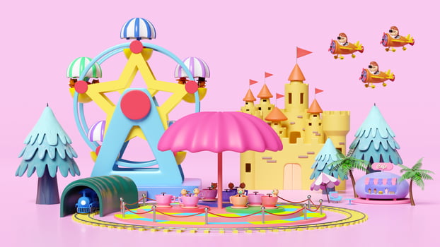 3d amusement park concept with tea cup ride, pilot, propeller plane, railroad tracks, tunnel, ferris wheel, ice cream showcases, landscape, castle, towers isolated on pink. 3d render illustration photo