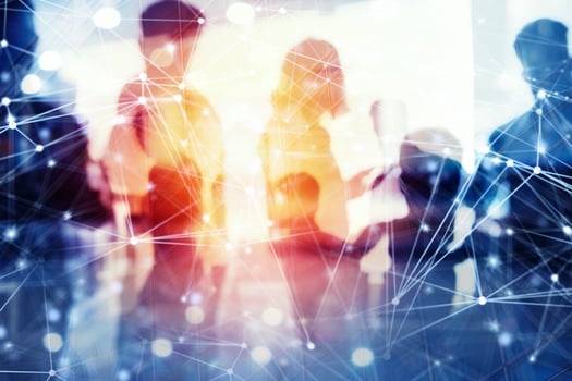 Business people work together in office with internet network effects. Concept of teamwork and partnership. double exposure photo