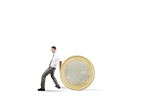 Businessman moves a coin. concept of difficulty to saving money photo