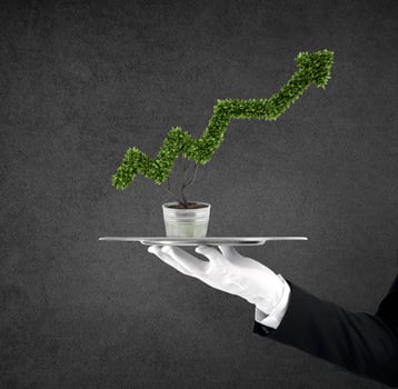 Waiter that holds a tray with a plant shaped as statistic arrow. Concept business success photo