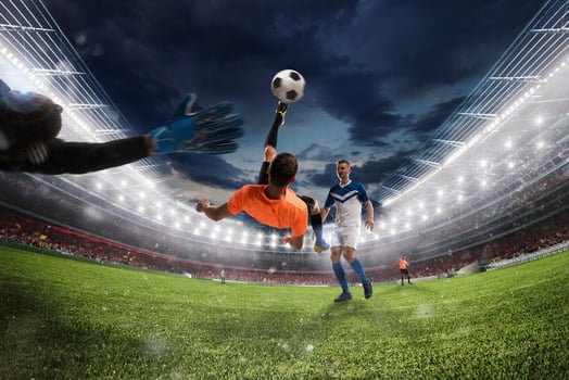 Soccer striker hits the ball with an acrobatic bicycle kick. 3D Rendering photo