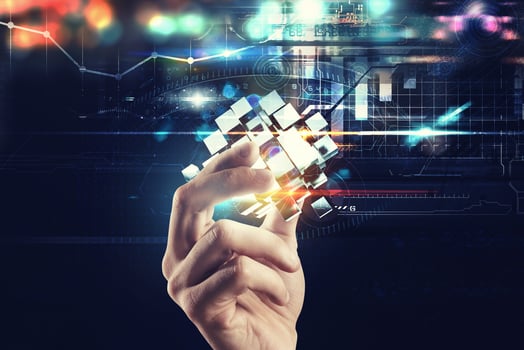 Innovation in the digital world. Hand holds abstract cubes. 3D Rendering photo