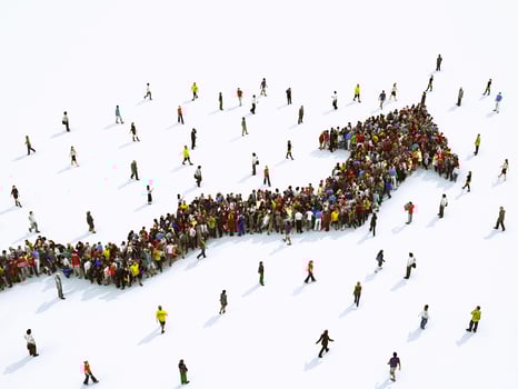 Crowd of people united forming a growing arrow. 3D Rendering photo