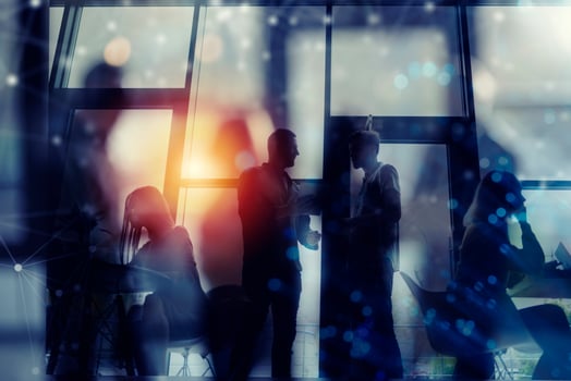 Business people collaborate together in office. Double exposure effects photo