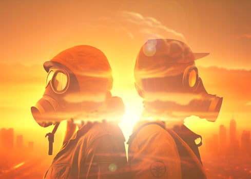 Nuclear war concept, germ war. Man in gas mask against nuclear explosion background photo