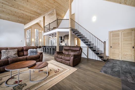 Winter cottages in remote area Quebec, Canada, log house with sauna, SPA, bedrooms, pool, living room, messanine, kitchen and bathrooms photo