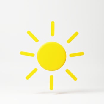 Yellow sun with rays, sun star. 3d rendering icon. Cartoon minimal style. Summer, weather, nature, space concept. photo