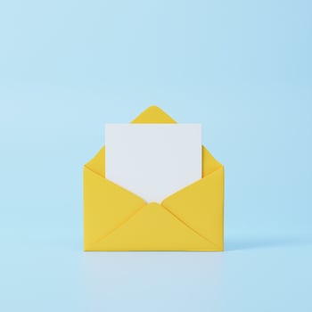 3D letter in envelope icon. Mail envelope with marker message. Cartoon illustration isolated on blue background. Minimal design. 3D Rendering photo