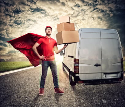 Courier acts like a powerful superhero in a city with skyscrapers. Concept of success and guarantee on shipment photo