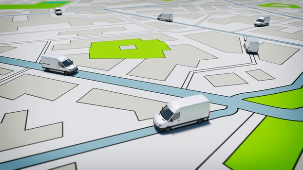 Trucks on a road city map. Concept of global shipment and GPS tracking photo