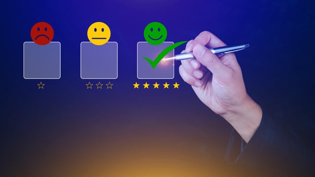 Businessman choosing happy smile face icon. feedback rating and positive customer review experience, satisfaction survey. mental health assessment. photo