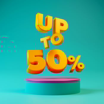 Up to 50 percent off sign on blue product display podium pedestal 3d render illustration photo