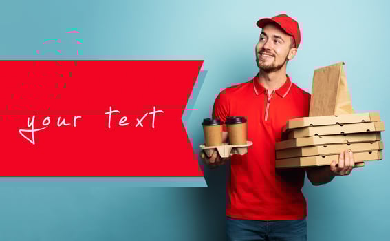 Courier is happy to deliver hot coffee,pizza and food. Cyan background photo