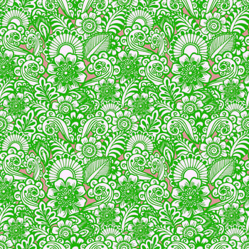 seamless floral yellow-pink pattern of stylized elements with green outline, texture, design photo