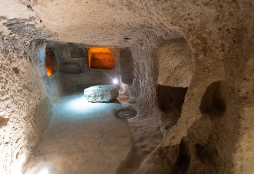 interior of an underground ancient city in Turkey in the Cappadocia region. photo