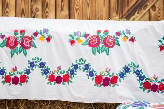 Traditional Slavic vintage vyivka. Ethnic floral Ukrainian or Belarusian pattern on fabric. photo