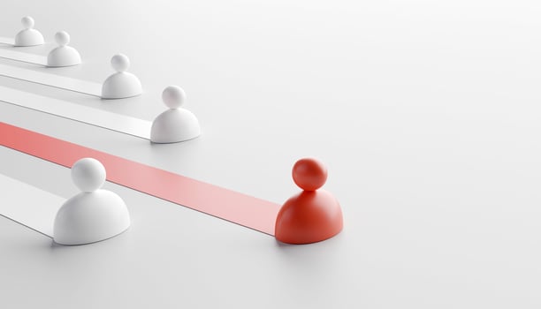 Red human icon precedes white human in the same direction. concept of leadership business aiming for success photo
