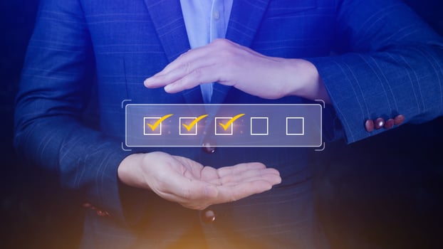 Businessman tick correct sign mark for document approve , project acceptance and quality assurance concept, take an assessment, questionnaire, evaluation, online survey online exam check list photo