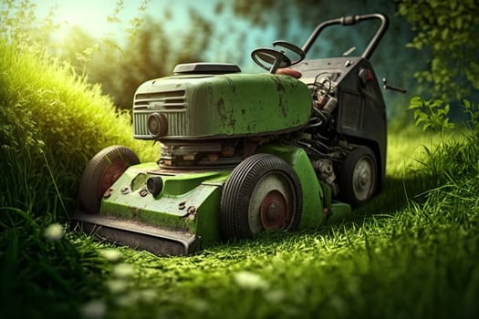 Lawn mower removing green grass in backyard, mowing lawn AI Generated photo