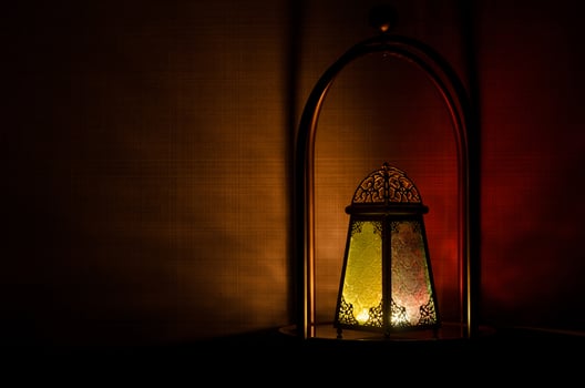 Lantern puts on table with dark background for the Muslim feast of the holy month of Ramadan Kareem. photo