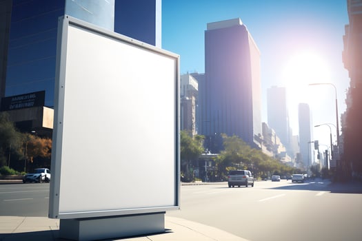 Empty space advertisement board, blank white signboard on roadside in city photo