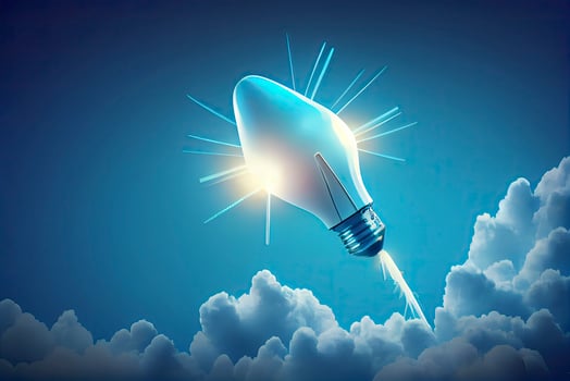 Ideas inspiration concepts with rocket lightbulb on blue background photo