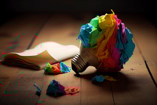 great idea concept with crumpled colorful paper and light bulb on wooden table photo