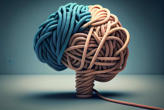 Brainstorming and brainstorm concept or psychology symbol as a creative human mind made of rope and thread in a 3D illustration style photo