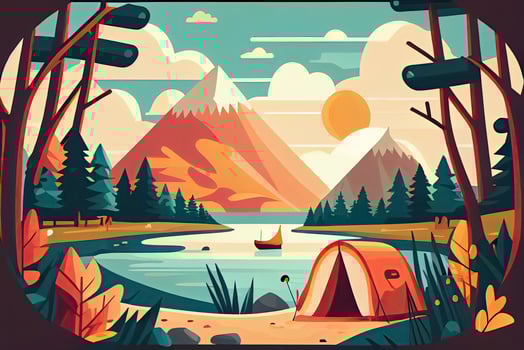 Sunny day landscape illustration in flat style with tent, campfire, mountains, forest and water. Background for summer camp, nature tourism, camping or hiking design concept photo