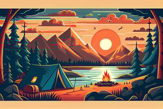 Sunny day landscape illustration in flat style with tent, campfire, mountains, forest and water. Background for summer camp, nature tourism, camping or hiking design concept photo