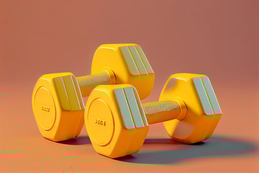 Two dumbbells on isolated yellow background. Fitness accessories photo