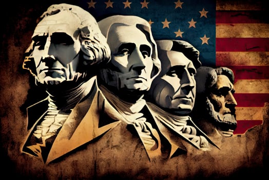 Happy Presidents Day Concept with the US national Flag against a collage American Presidents portraits photo