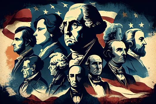 Happy Presidents Day Concept with the US national Flag against a collage American Presidents portraits photo