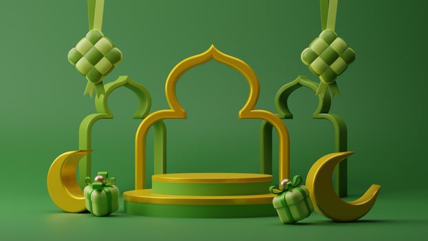 3D illustration of product display with mosque and crescent moon Islamic festival decorative element for ramadan eid mubarak promotion sale advertising design on green background photo