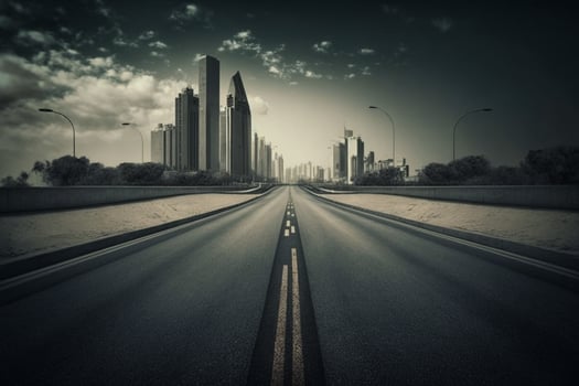 Empty asphalt road towards modern city AI Generated photo