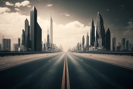 Empty asphalt road towards modern city AI Generated photo