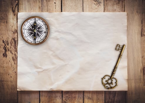 Old key and Compass on Old paper vintage on wood background with space photo