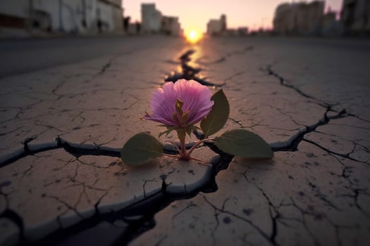Close up, Pink flower growing on crack street sunset background AI Generated photo