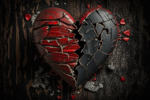 Broken red heart on black wooden background AI Generated photo
