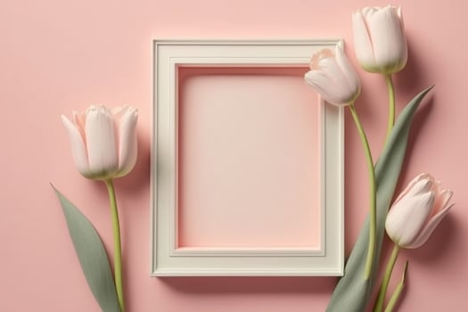 pink tulip and white frame on pastel background. Flat lay ,top view,Happy women's day concept AI Generated photo