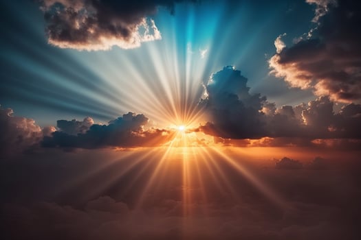 Sunrise dramatic blue sky with orange sun rays breaking through the clouds. Nature background AI Generated photo