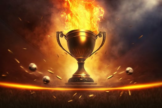 Sports background. Burning trophy goblet. Winner in a competition. Fire and energy. Football field with golden goblet AI Generated photo