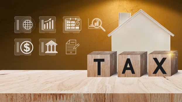 Houses of taxes. Real estate tax. Taxation on purchase or sale of home, Maintenance of housing and land, Tax interest, Fees and duties, Rental business, Return on investment. Taxes relief photo