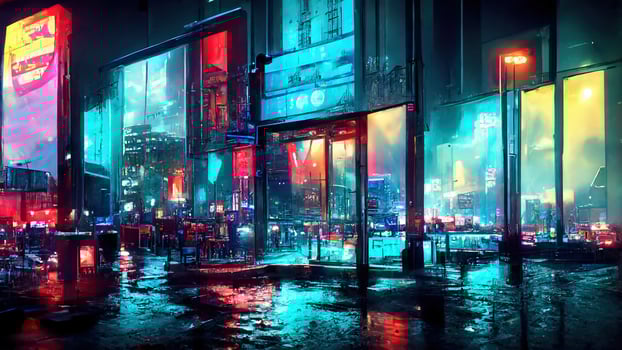 abstract cityscape with neon lighting at night photo