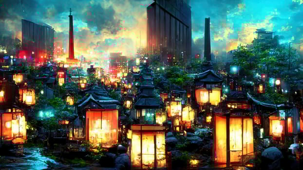 fantasy night city japanese landscape. Abstract illustration art photo
